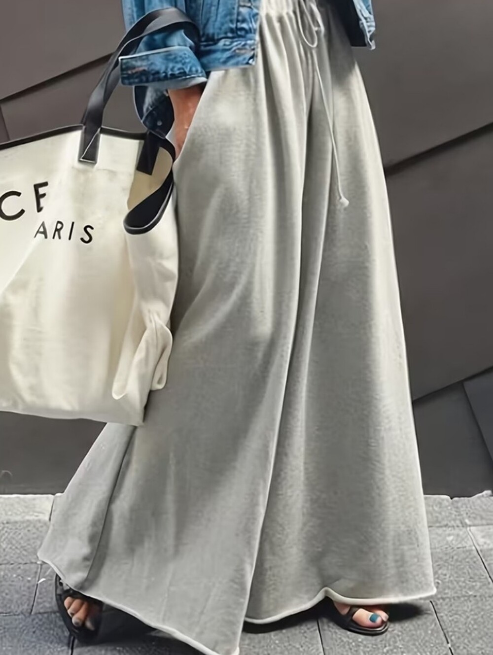 Casual Solid Drawstring Waist Wide Leg Pants